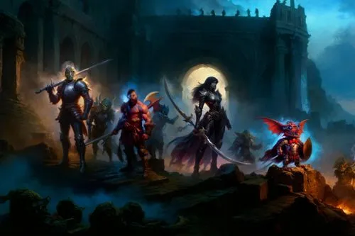 Goblins in foggy collosseum arena filled with blue mist and smoke 1986 painting,there is a group of knights that are ready for battle,neverwinter,ravenloft,underdark,arenanet,shadowgate,dragonlance,fa