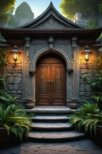 dojo,japanese shrine,ryokan,garden door,teahouse,asian architecture,wooden door,stone gate,japanese garden ornament,ancient house,wood gate,house entrance,doorway,sanctum,japanese-style room,shrine,portal,victory gate,the threshold of the house,background design,Illustration,Retro,Retro 11