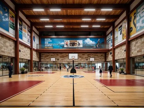 Rustic wooden flooring, polished metal beams, natural stone walls, vibrant athletic colors, motivational quotes, modern LED lighting, sleek glass railings, sturdy steel structures, rubberized sports s