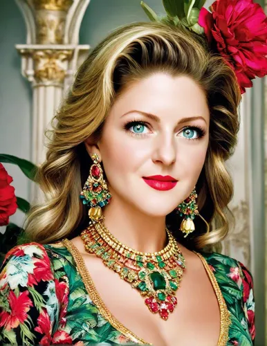 An extravagant fashion portrait of a woman in a colorful outfit adorned with floral prints and vibrant red and green flowers. Accessorized with vibrant gold necklaces encrusted with precious stones an