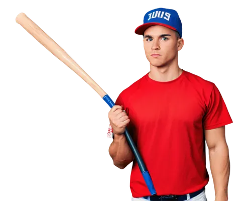 Baseball player, American athlete, holding baseball bat, wearing baseball uniform, white shirt, blue pants, red cap, American flag pattern on sleeve, muscular arm, determined facial expression, aftern