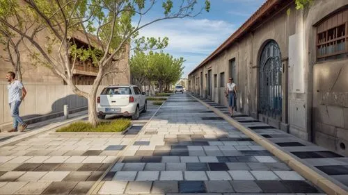 mantener la arquitectura, canaletas de concreto con ranuras ,a person standing by a white car on a checkered sidewalk,narrow street,pedestrianized,caravanserais,caravanserai,street view,echmiadzin,Pho