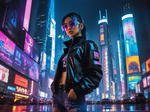 Cyberpunk futuristic cityscape, neon lights reflecting off wet pavement, anime-style heroine, 18yo, blue twintails, goggles, leather jacket, ripped jeans, black boots, holding a futuristic tablet, sta