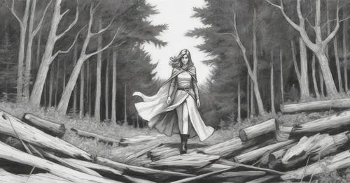 sketch, woman, forestry background, black and white,a woman is walking in the woods near logs,dryad,mirkwood,finrod,thingol,ballerina in the woods,thranduil,elven forest,forest man,forest work,holy fo