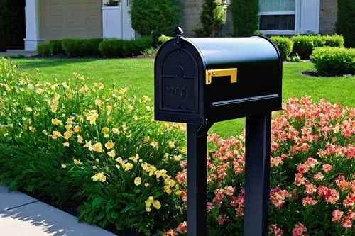 Home Depot, architectural mailbox, modern, sleek design, black metal body, golden accents, ornate details, rectangular shape, large capacity, wall-mounted, residential area, suburban neighborhood, gre