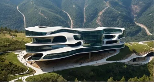  large scale commercial complex with modern organic form , containing a ramp and stairs in landscape situated on a sloped surface high  hills in background  and includes a well-considered area for use