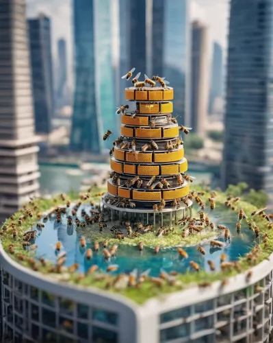 bee-dome,animal tower,bee house,tower of babel,bee colony,bee hive,building honeycomb,bee farm,electric tower,skyscraper town,drone bee,swarm of bees,the hive,burj,apiarium,bird tower,cellular tower,honey bee home,solar cell base,fantasy city,Unique,3D,Panoramic