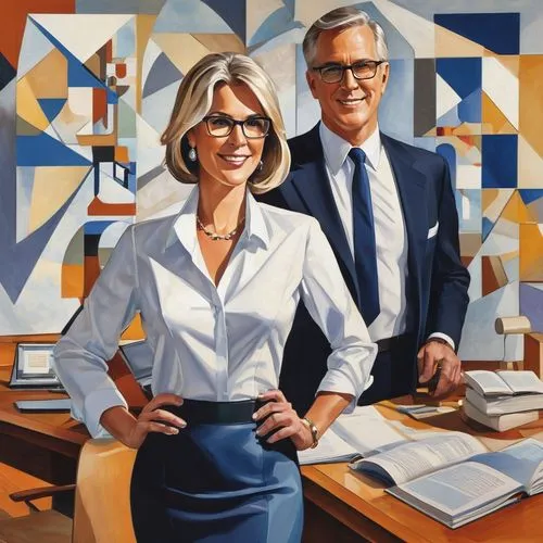 Middle-aged man David Harris, mature lady Sarah Harris, standing, facing each other, formal wear, suits, white shirts, ties, glasses, short hair, smiling, holding laptops, digital design books, comput