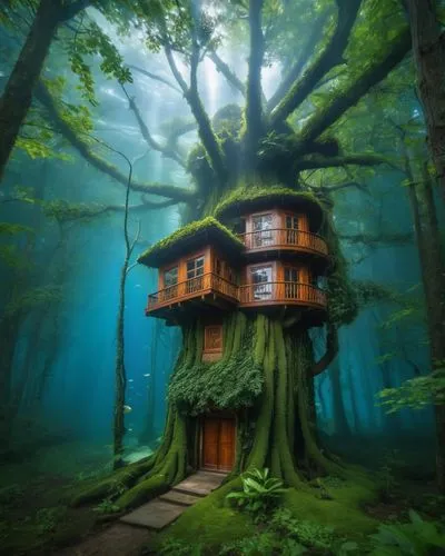 a tree house built in the forest with moss growing up the sides,tree house,tree house hotel,treehouse,house in the forest,treehouses,fairy house,forest house,witch's house,fairy chimney,miniature hous