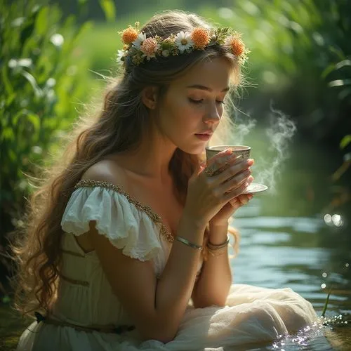 tea zen,faery,perfumer,mystical portrait of a girl,scented tea,faerie