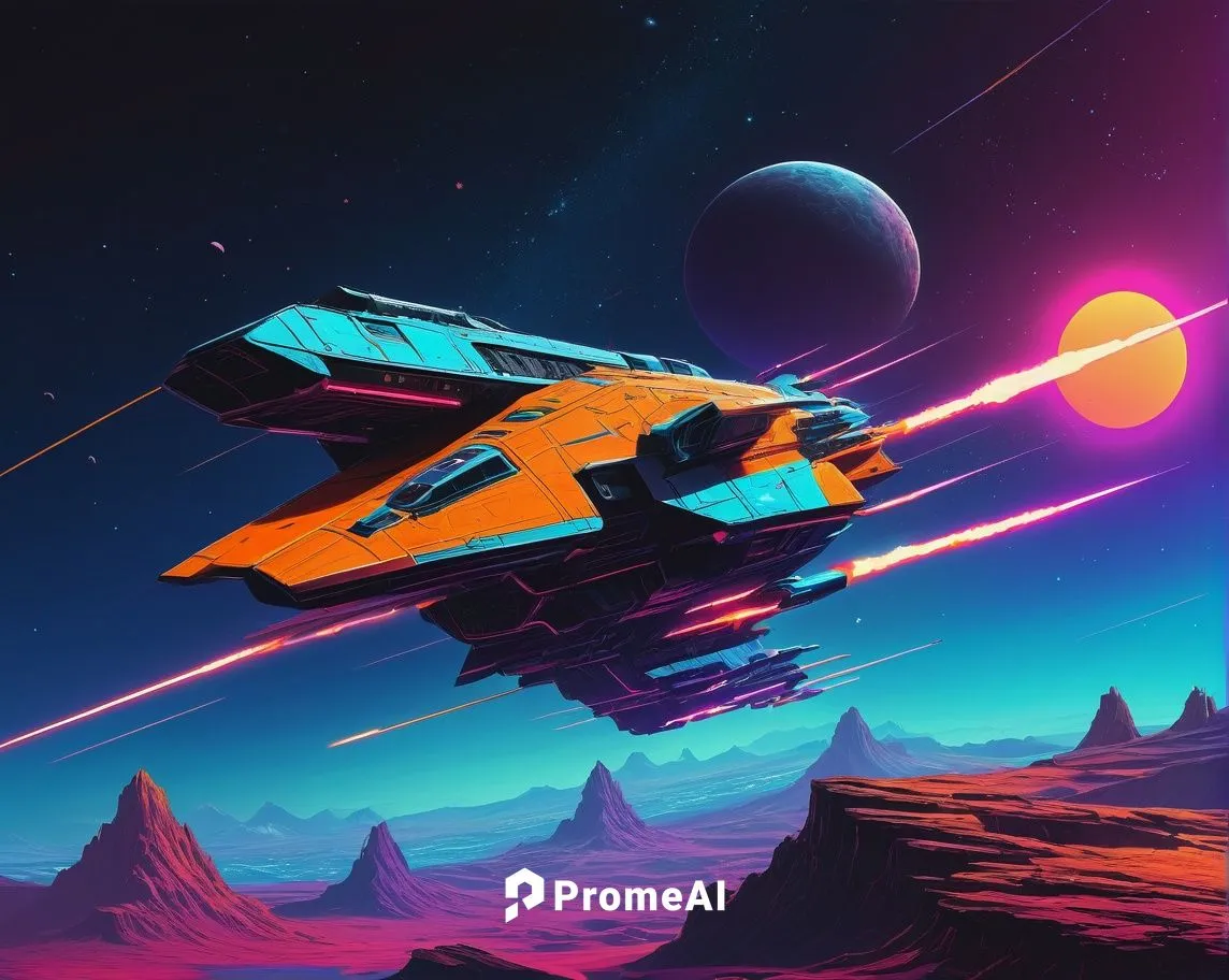 Una batalla aeroespacial. Los colores son anaranjados y azules. Estilo de dibujo Retro Sci-Fi. Estilo de dibujo Synthwave.,extrasolar,gradius,rocinante,homeworld,defend,parsec,space ships,nms,vanu,spa