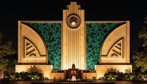 Opulent Art Deco monument, lavish gold accents, rich bronze tones, luxurious marble surfaces, vibrant turquoise mosaics, bold geometric patterns, ornate metalwork details, sunburst motifs, stylized fl