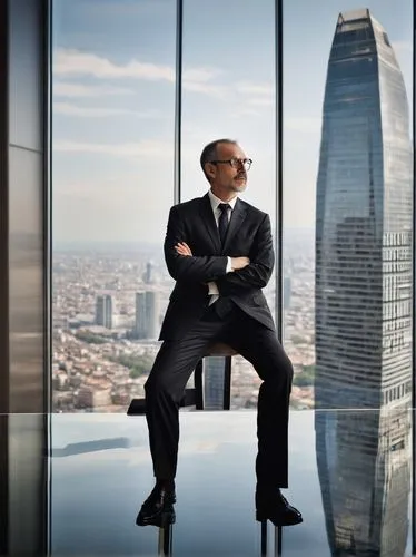 Modern data architecture consulting, mature businessman, 40s, bespectacled, short brown hair, suit and tie, standing in front of a sleek glass conference room table, hands clasped together, cityscape 