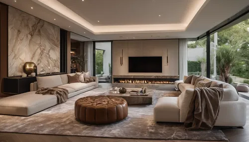 Modern luxury home interior design in American locations blends sophistication with comfort, embodying contemporary elegance. Clean lines, neutral palettes, and premium materials like marble, quartz, 