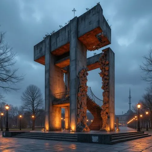 Deconstructed monument, fragmented structure, irregular shape, broken columns, twisted metal beams, shattered glass, abstract sculptures, complex geometry, brutalist architecture, industrial materials