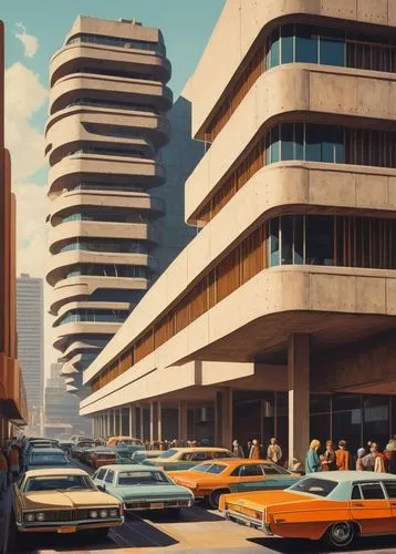 Retro futuristic architecture, 1970s style, brutalist building, concrete structure, geometric shapes, angular lines, large windows, urban landscape, cityscape, metropolitan area, busy streets, vintage