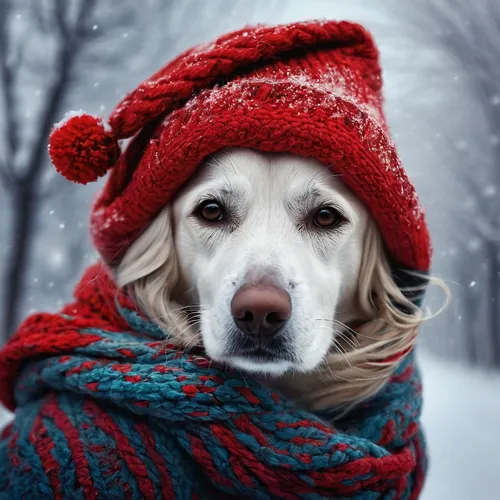 In the chilly winter wind, Abby's cold nose and cheeks turned red.,winter hat,winter animals,warm and cozy,winters,winter mood,winter background,labrador retriever,russian spaniel,winter clothing,gold