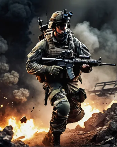 soldier in combat gear, dynamic pose, holding rifle, tactical vest, camouflage uniform, helmet with night vision goggles, knee pads, combat boots, military loadout, action-packed scene, battlefield en