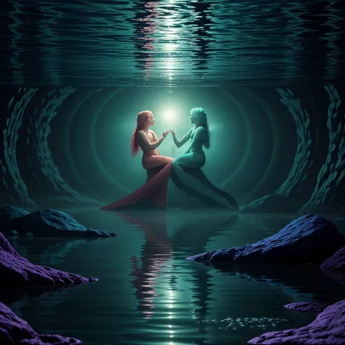 mermaid background,mirror of souls,romantic scene,believe in mermaids,mermaids,parallel worlds,fantasy picture,pixel art,sci fiction illustration,underwater background,immersed,underground lake,water connection,parallel world,under the water,undersea,mermaid vectors,romantic night,finding,optical ilusion