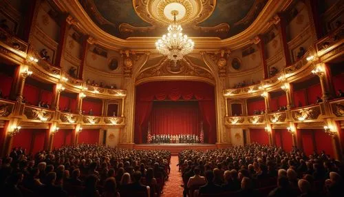 Grand opera house, luxurious interior, ornate decorations, intricate moldings, red velvet curtains, golden chandeliers, majestic staircase, grand balcony, refined audience, evening gowns, suits and ti