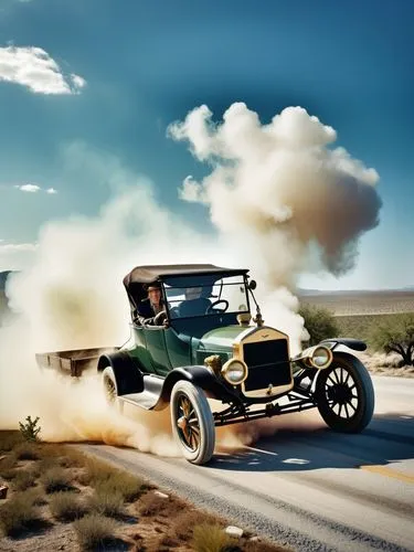 The Ford (Model T) chugs through a Texan landscape, its dark green exterior reflecting the bright sunlight. Mrs. Clara Jane Ford is at the center of the action. The intricate details of the old car im