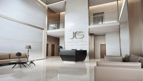 lobby of office building  the flooring is white travertine and the walls silver cladding, the reception desk is glass and white the wall behind the reception is media screen , the sofa is beige,a lobb