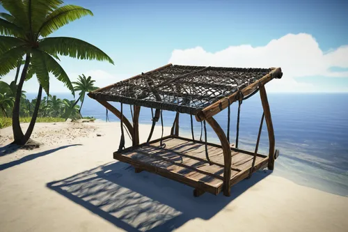 tanning rack, stranded deep, survival game, crafting, leather, sunbathing, beachside, palm leaves, wooden sticks, lashing, rustic texture, outdoor, tropical island, clear sky, natural light, daytime, 