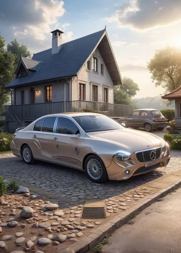 a house with an automobile in front of it, in the style of solarizing master, dark gray and light beige, atmospheric ambience, tenwave,bmw 80 rt,luxury sedan,daimlers,3d rendering,8 series,alpina,daim