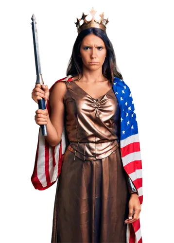 Statue of Liberty, holding rifle, serious expression, crown on head, draped robe, broken shackles, torch in left hand, American flag waving, strong muscles, determined eyes, metallic texture, weathere