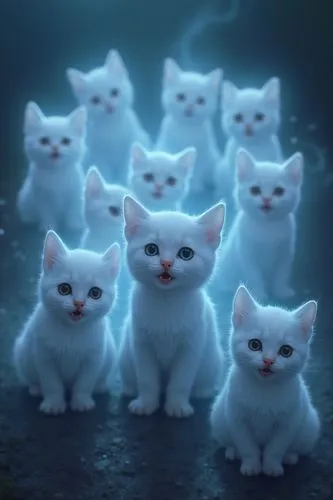 GhostlyStyle, a group of ghost kittens, translucent kittens, kittens coming towards the viewer, meowing kittens, many ghostly kittens, digital art,a group of little white kittens standing together in 