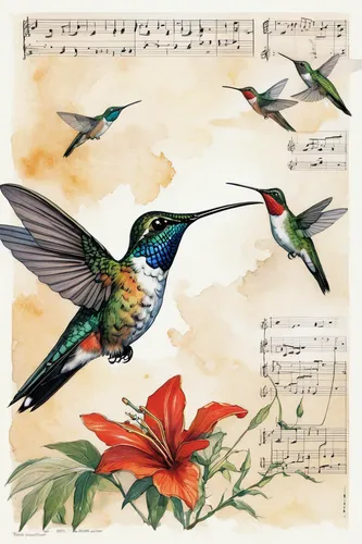 humming birds,songbirds,humming bird pair,humming bird,flower and bird illustration,song bird,hummingbirds,bird painting,birds singing,hummingbird,musical paper,humming-bird,cuba-hummingbird,floral and bird frame,annas hummingbird,bird hummingbird,calliope hummingbird,songbird,sheet music,concerto for piano,Illustration,Realistic Fantasy,Realistic Fantasy 06