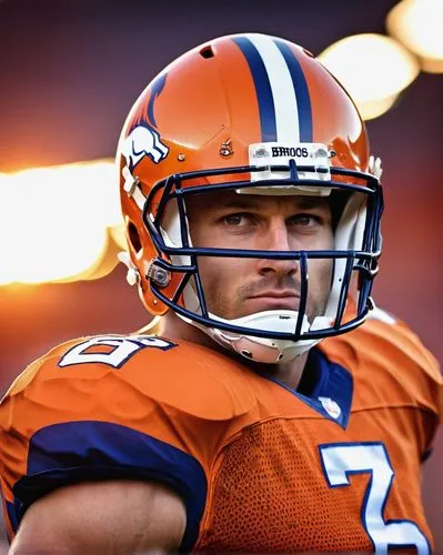 Orange Broncos helmet, football player, muscular man, athletic build, strong facial features, determined expression, mouthguard, shoulder pads, sleeveless jersey, blue and orange uniform, football fie