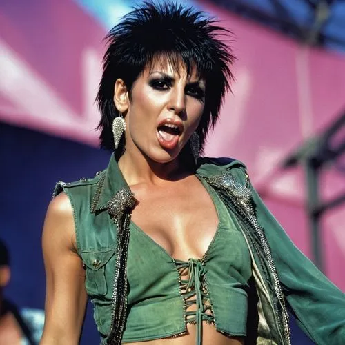 A stunning photograph capturing the legendary pop icon, Nena , 29 years old on elaborate stage with aband, 1980s, Nena with hairy arm pits, sticking out tongue,furter,sinitta,siouxsie,punky,plasmatics