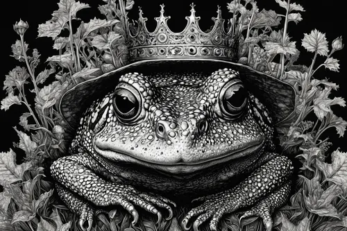 frog king,frog prince,true toad,frog background,heraldic animal,bullfrog,king crown,frog through,cane toad,king caudata,monarchy,boreal toad,toad,bull frog,american toad,reptilia,true frog,royal crown,texas toad,imperial crown,Illustration,Black and White,Black and White 09