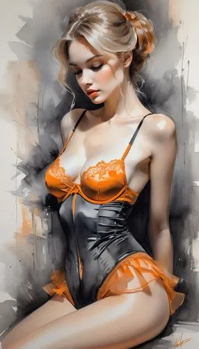 orange scent,orange,orange blossom,pin-up girl,painted lady,fashion illustration,orange cream,orange rose,body painting,bodypainting,orange roses,orange color,bodypaint,pin up girl,pinup girl,world digital painting,retro pin up girl,orange petals,painter doll,latex clothing,Illustration,Paper based,Paper Based 11