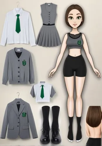 Paper doll Hogwarts 16 year old schoolgirl in black sleeveless shirt ,black tight fit spandex shorts with black sock and black shoe standing surrounded by with a set of Hogwarts slytherin school unifo