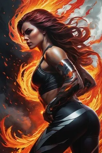 a woman wearing black and orange standing in front of a flame,blackfire,fire background,fiery,firewind,fire dancer,woman fire fighter