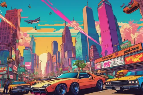 colorful city,fantasy city,80s,cityscape,3d car wallpaper,cyberpunk,retro background,80's design,cities,futuristic,tokyo city,miami,futuristic landscape,neon arrows,city,would a background,urban,metropolis,wallpaper,world digital painting,Illustration,Vector,Vector 19