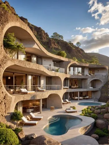 A bold residential development carved into the walls of a dormant volcanic crater. The homes are made from locally sourced stone, with large windows that offer dramatic views of the crater floor and t