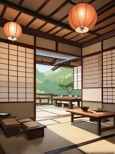 japanese-style room,ryokan,dojo,teahouse,tea ceremony,ryokans,teahouses,tatami,chanoyu,japanese zen garden,japanese restaurant,japanese tea,zen garden,onsen,tea zen,rakugo,japanese background,shoin,heian,japanese art,Illustration,Japanese style,Japanese Style 07