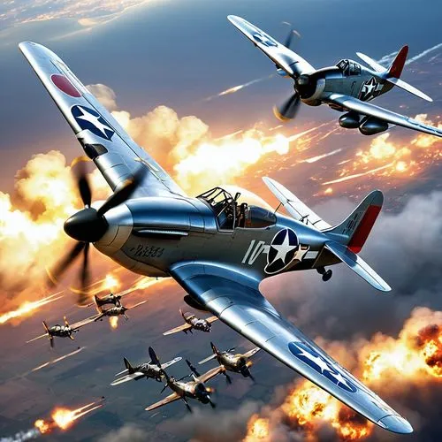 A captivating 3D render of a NAA P-51 Mustang WW II piston fighter aircraft with dull silver fuselage, mid-blue wings and red tail is flying 500 m above a group of Boeing B-17 U.S. WW II bombers on a 