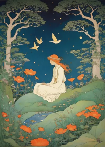 kate greenaway,idyll,girl in the garden,mucha,girl lying on the grass,orange blossom,lilly pond,lily pond,shirakami-sanchi,han thom,autumn idyll,vintage illustration,charlotte cushman,art nouveau,tommie crocus,orange tree,lan thom,tranquil,junshan yinzhen,forest of dreams,Illustration,Retro,Retro 07