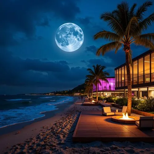 oceanfront,beachfront,moonlit night,beach house,tropical house,romantic night,beach restaurant,moonlit,full moon,moonrise,moonlight,beach resort,beachhouse,dream beach,moon at night,dreamhouse,oceanview,luxury hotel,nightscape,moonstruck