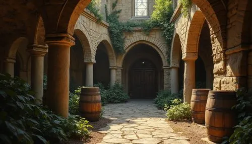 Rustic archways, ancient stone carvings, vineyard surroundings, lush green foliage, wooden wine barrels, dimly lit cellar, ornate ironwork, Romanesque columns, grand entrance, stately fa\u00e7ade, cur