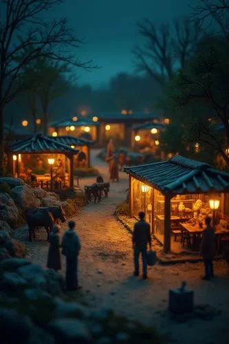 Make a photo of a model zoo under night lights with people watching the animals.,a person riding a motorcycle in a dark city,korean village snow,korean folk village,winter village,sungkyunkwan,namsan 