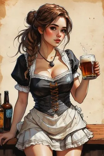 barmaid,oktoberfest,oktoberfest background,oktoberfest celebrations,bavarian,pub,waitress,bartender,glasses of beer,beer,i love beer,draft beer,female alcoholism,beer pitcher,steampunk,paulaner hefeweizen,milkmaid,beer sets,bavarian swabia,newcastle brown ale,Illustration,Paper based,Paper Based 07