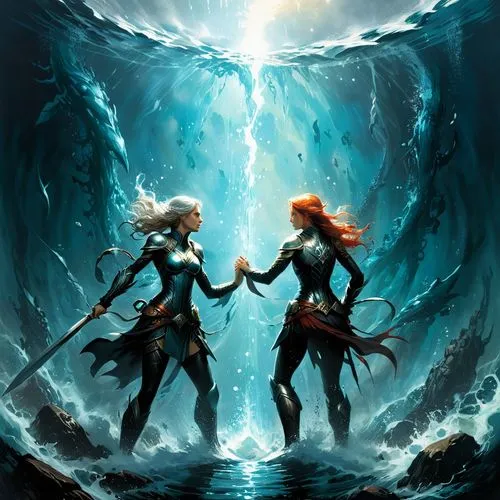 chasm,game illustration,merfolk,tour to the sirens,fantasy picture,fire and water,mirror of souls,cg artwork,fantasy art,into each other,games of light,water connection,two fish,sirens,elves,heroic fantasy,ilightmarine,guards of the canyon,god of the sea,gemini,Conceptual Art,Fantasy,Fantasy 12