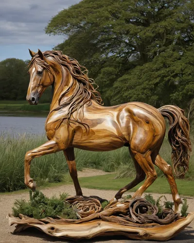 Masterpiece wood art by Heather Jansch - Specializes in creating life-size sculptures of horses and other animals using driftwood. complex scene, award winning,wooden rocking horse,painted horse,woode