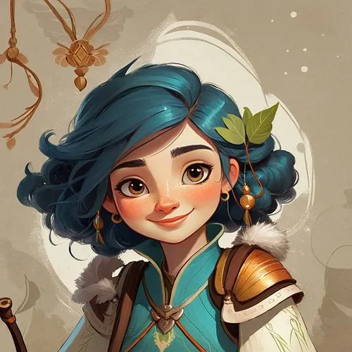 smiling,a woman with blue hair and blue eyes in a blue dress,maeve,evie,esmeralda,zarina,merida,llyra,Illustration,Abstract Fantasy,Abstract Fantasy 07