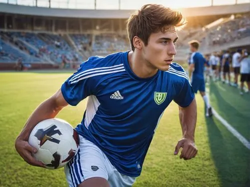 Male, athletic build, Alex Alemany, football player, 25yo, short messy brown hair, strong facial features, bright blue eyes, small nose, athletic wear, white jersey, blue shorts, soccer ball, green gr